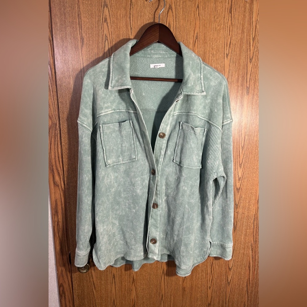 Flowy Acid Washed Waffle Knit Boho Button Up